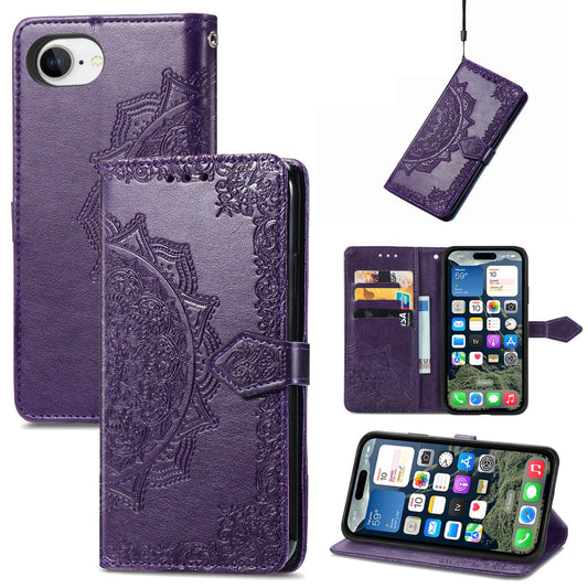 For iPhone 16e Mandala Flower Embossed Leather Phone Case(Purple)