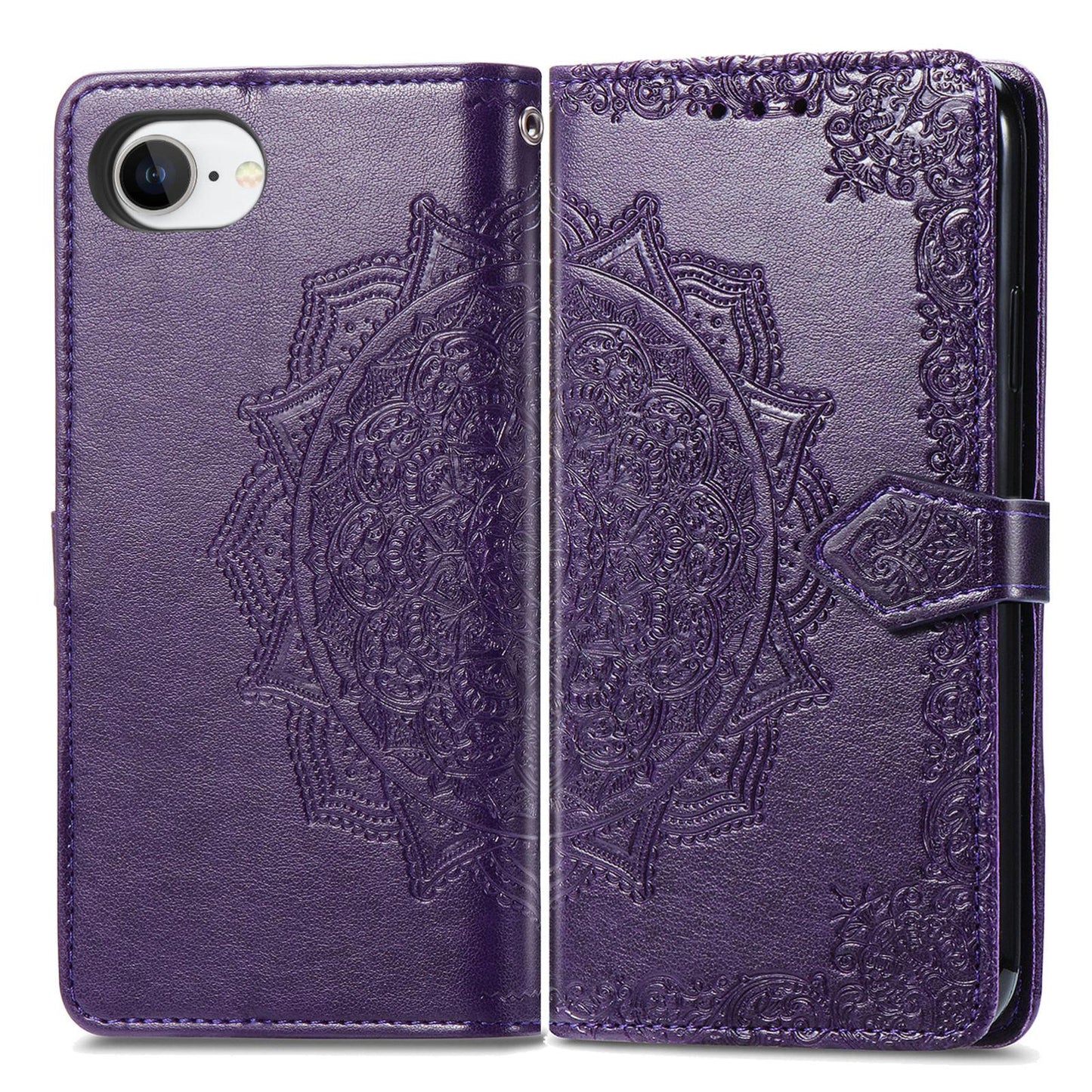 For iPhone 16e Mandala Flower Embossed Leather Phone Case(Purple)
