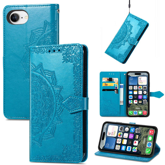 For iPhone 16e Mandala Flower Embossed Leather Phone Case(Blue)