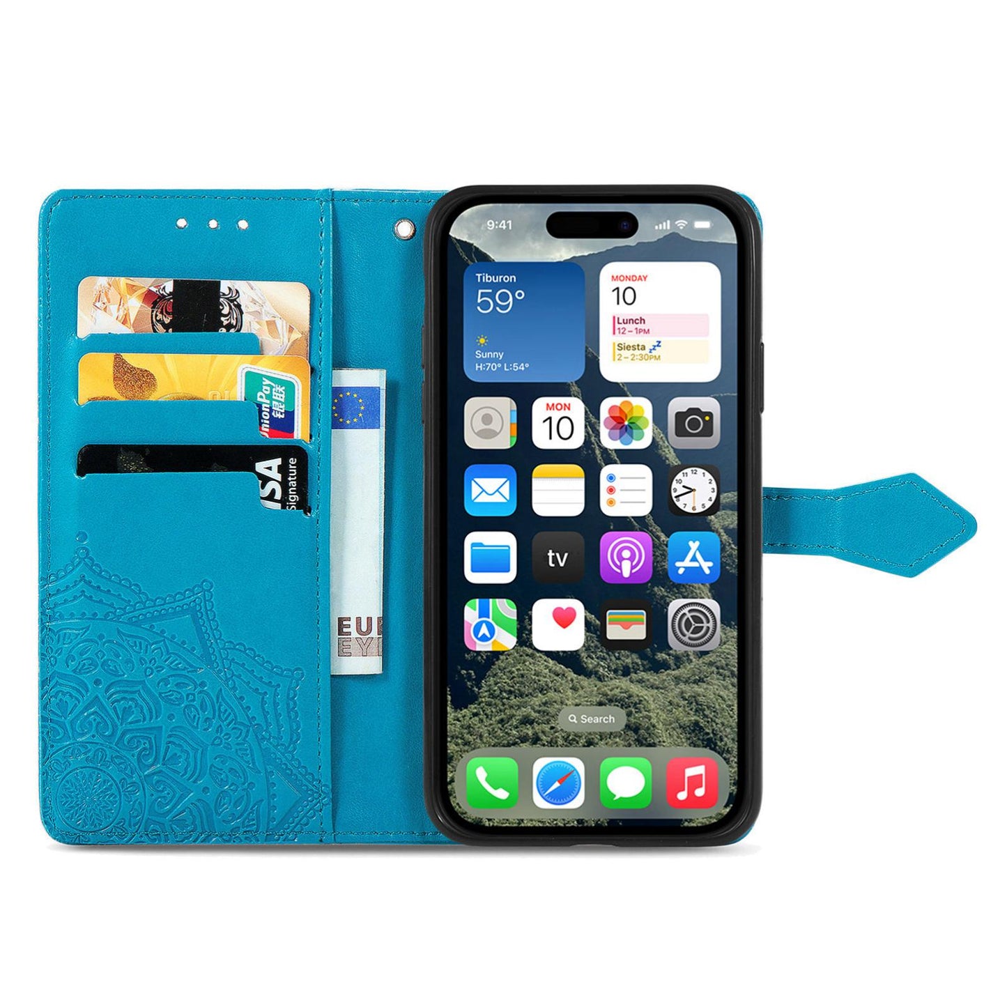 For iPhone 16e Mandala Flower Embossed Leather Phone Case(Blue)