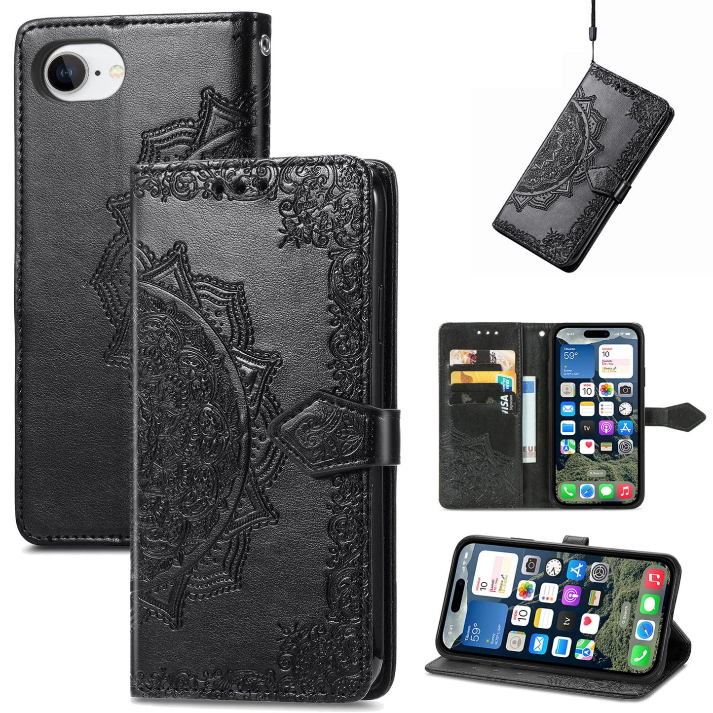 For iPhone 16e Mandala Flower Embossed Leather Phone Case(Black)