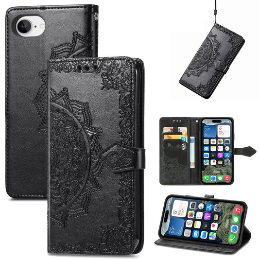 For iPhone 16e Mandala Flower Embossed Leather Phone Case(Black)
