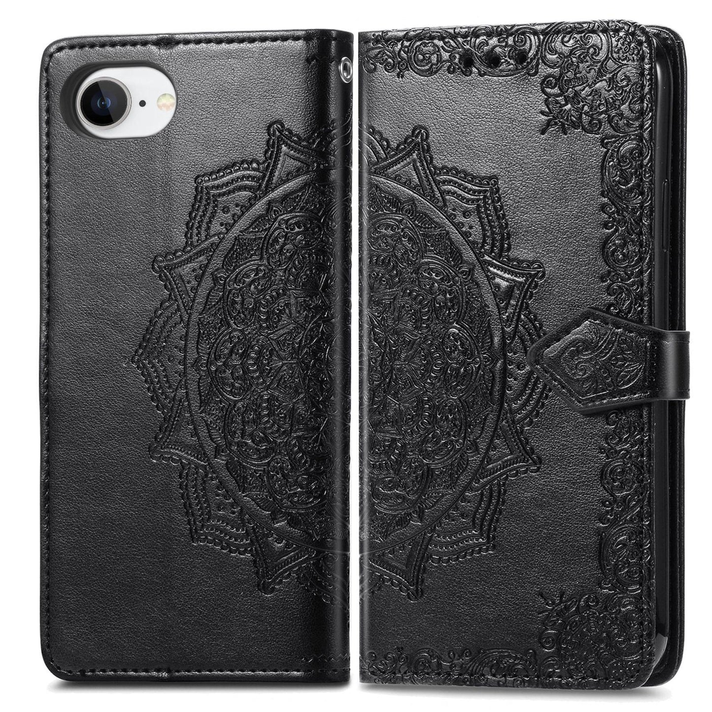 For iPhone 16e Mandala Flower Embossed Leather Phone Case(Black)
