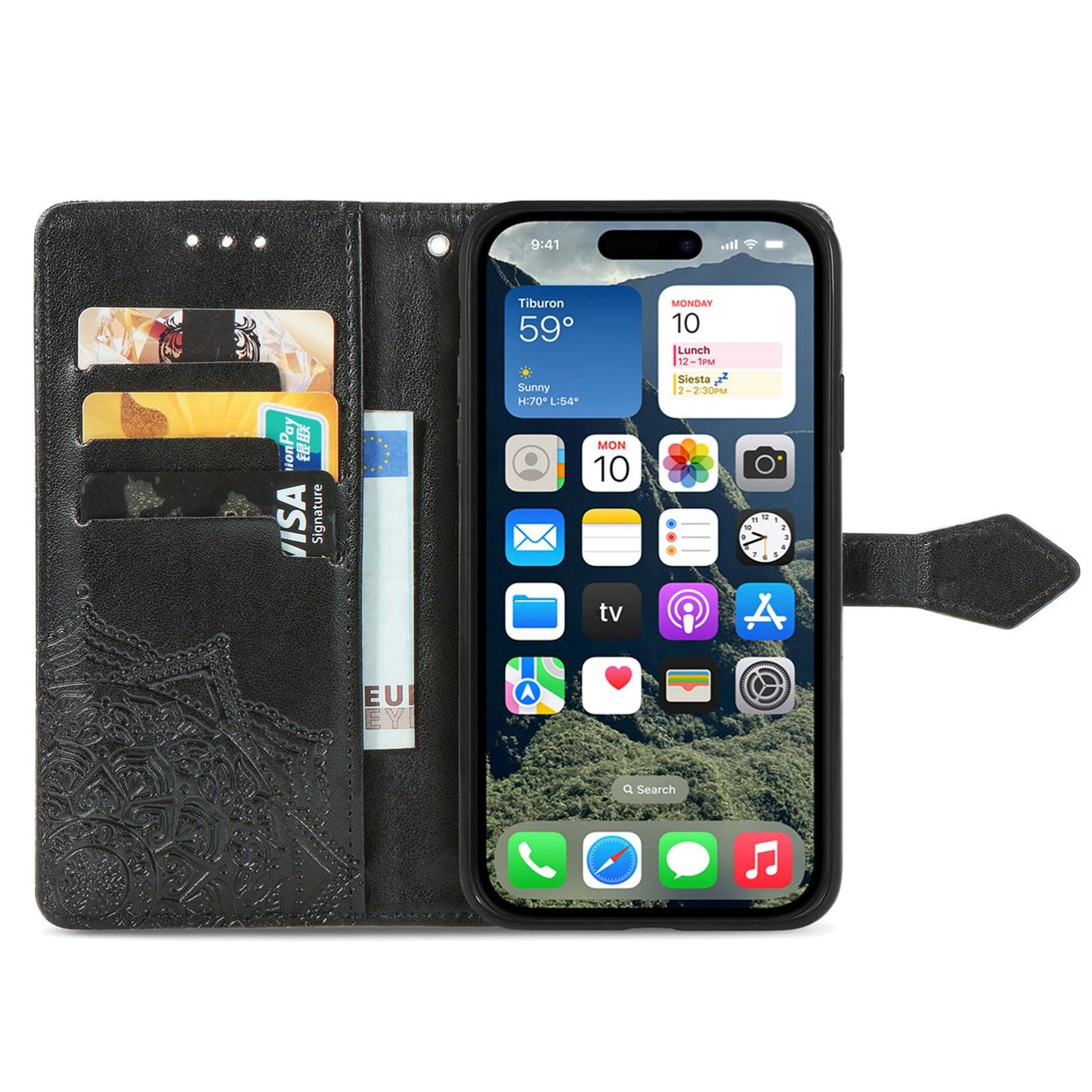 For iPhone 16e Mandala Flower Embossed Leather Phone Case(Black)