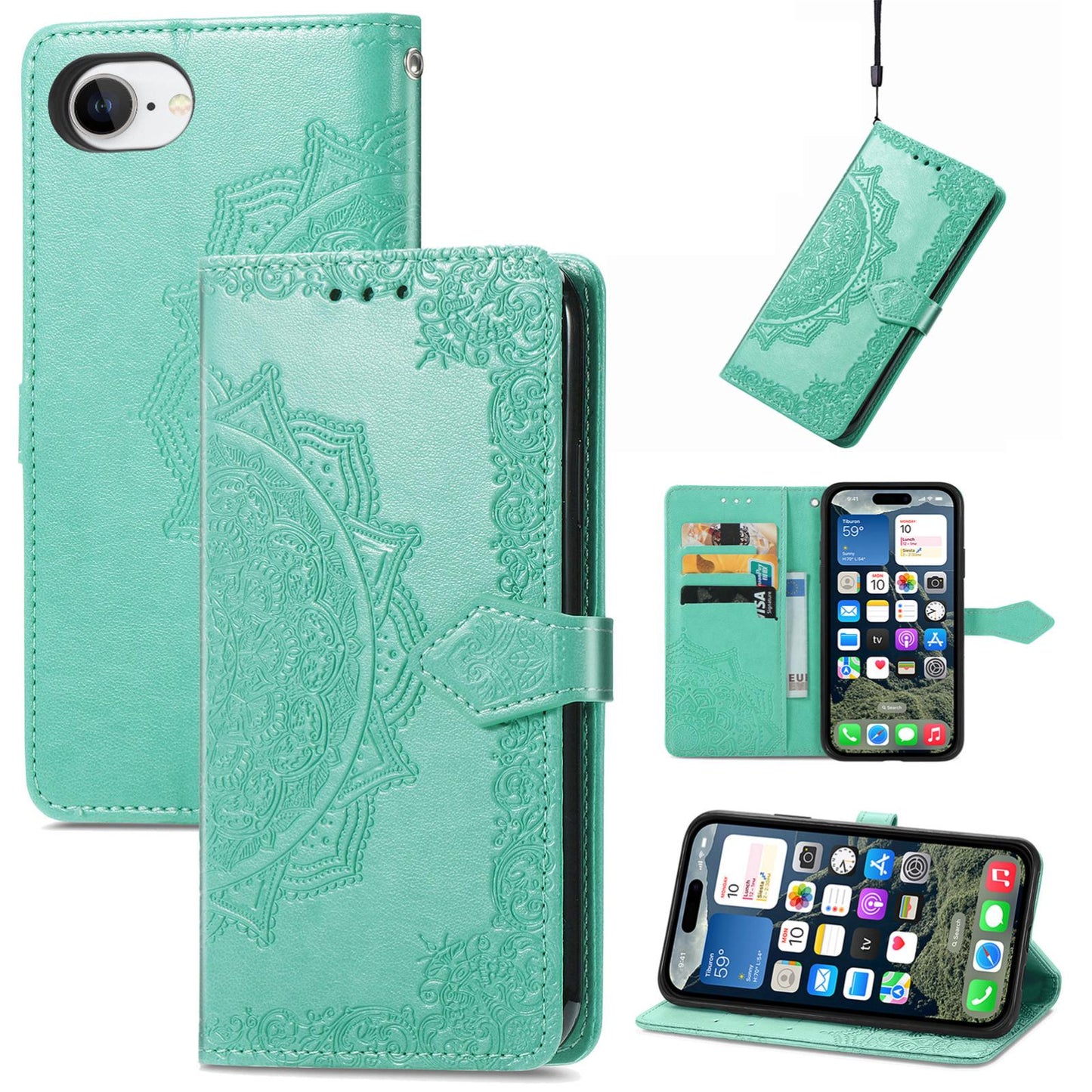 For iPhone 16e Mandala Flower Embossed Leather Phone Case(Green)