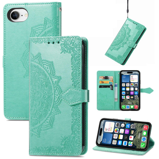 For iPhone 16e Mandala Flower Embossed Leather Phone Case(Green)
