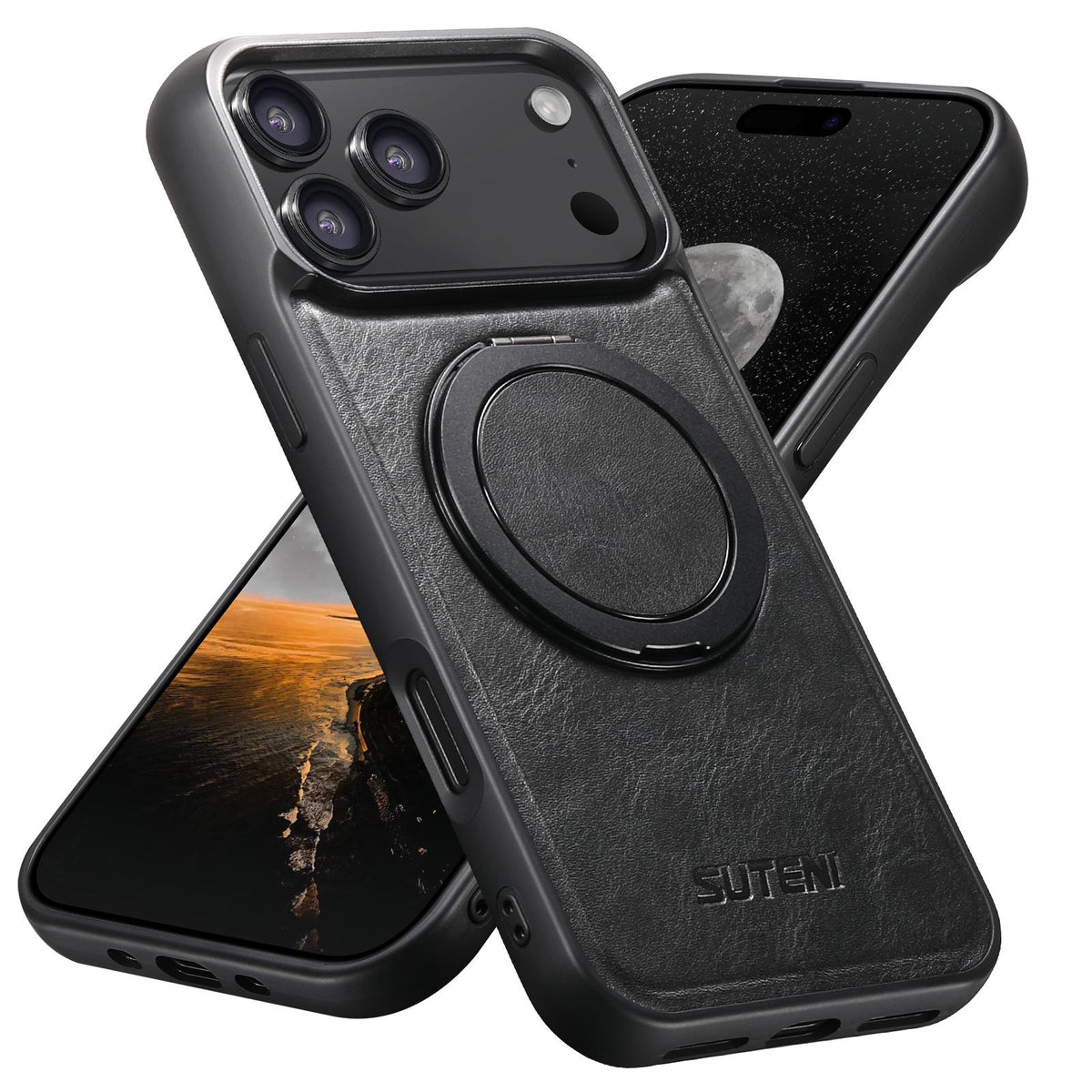 Compatible with iPhone 18 Pro Max Suteni G3 Oil Wax 360 Rotation Holder MagSafe Back Phone Case - Black