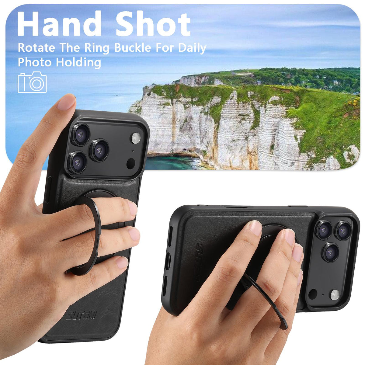 Compatible with iPhone 18 Pro Max Suteni G3 Oil Wax 360 Rotation Holder MagSafe Back Phone Case - Black