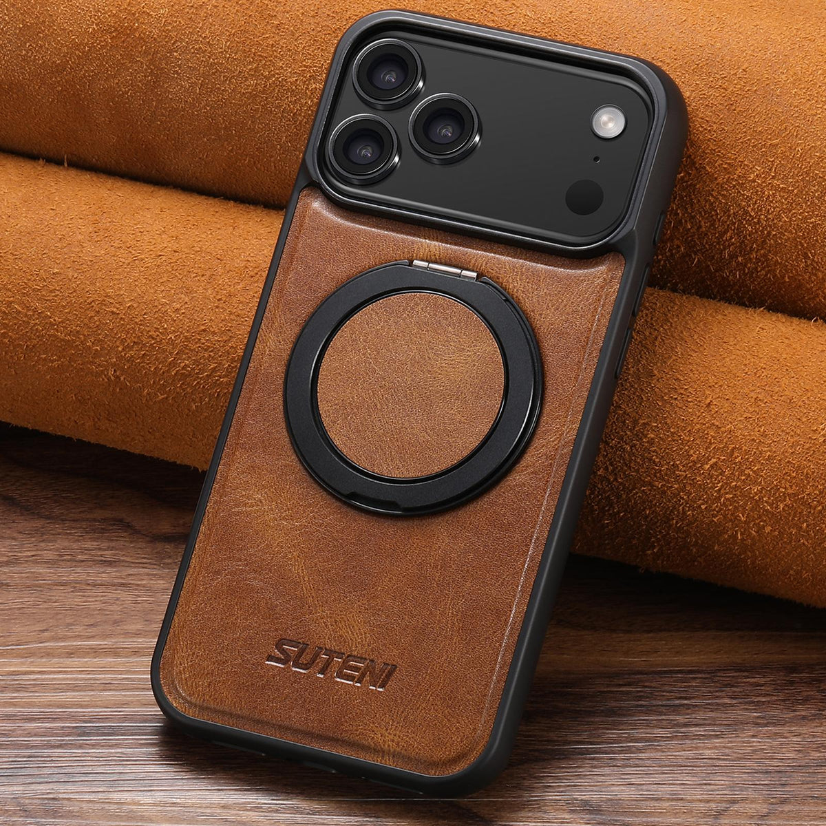 Compatible with iPhone 18 Pro Max Suteni G3 Oil Wax 360 Rotation Holder MagSafe Back Phone Case - Brown
