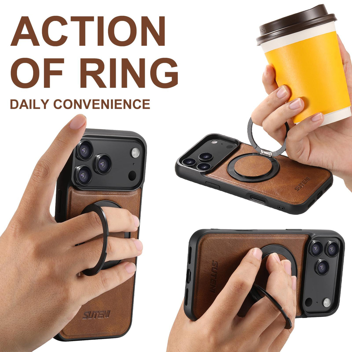 Compatible with iPhone 18 Pro Max Suteni G3 Oil Wax 360 Rotation Holder MagSafe Back Phone Case - Brown