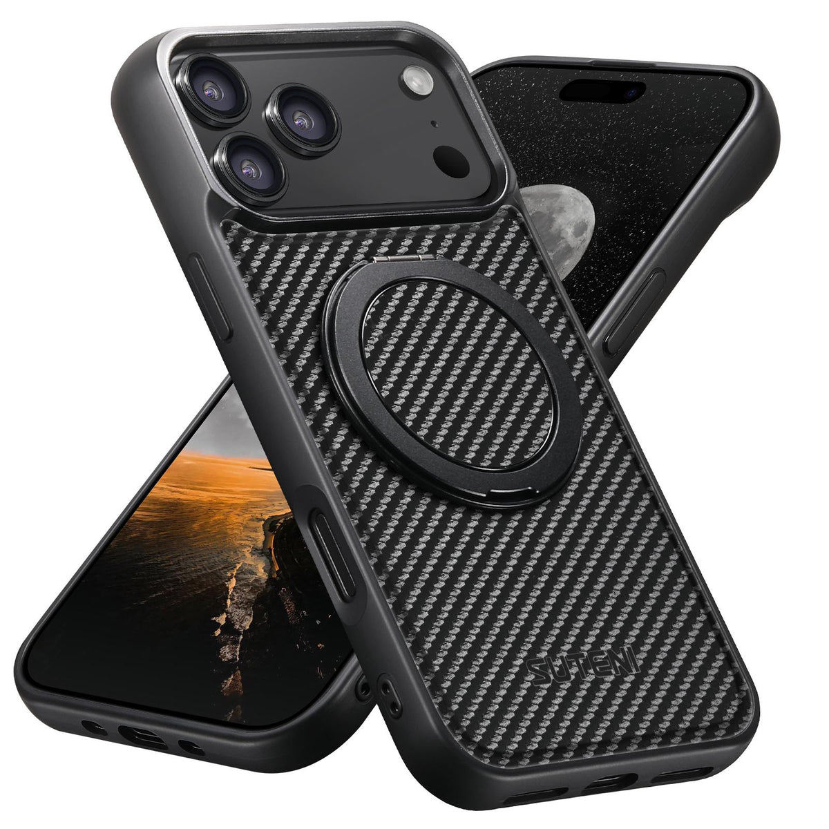 Compatible with iPhone 18 Pro Max Suteni G3 Carbon Fiber Leather 360 Rotation Holder MagSafe Phone Case - Black