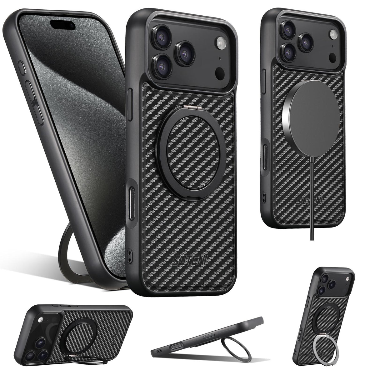 Compatible with iPhone 18 Pro Max Suteni G3 Carbon Fiber Leather 360 Rotation Holder MagSafe Phone Case - Black