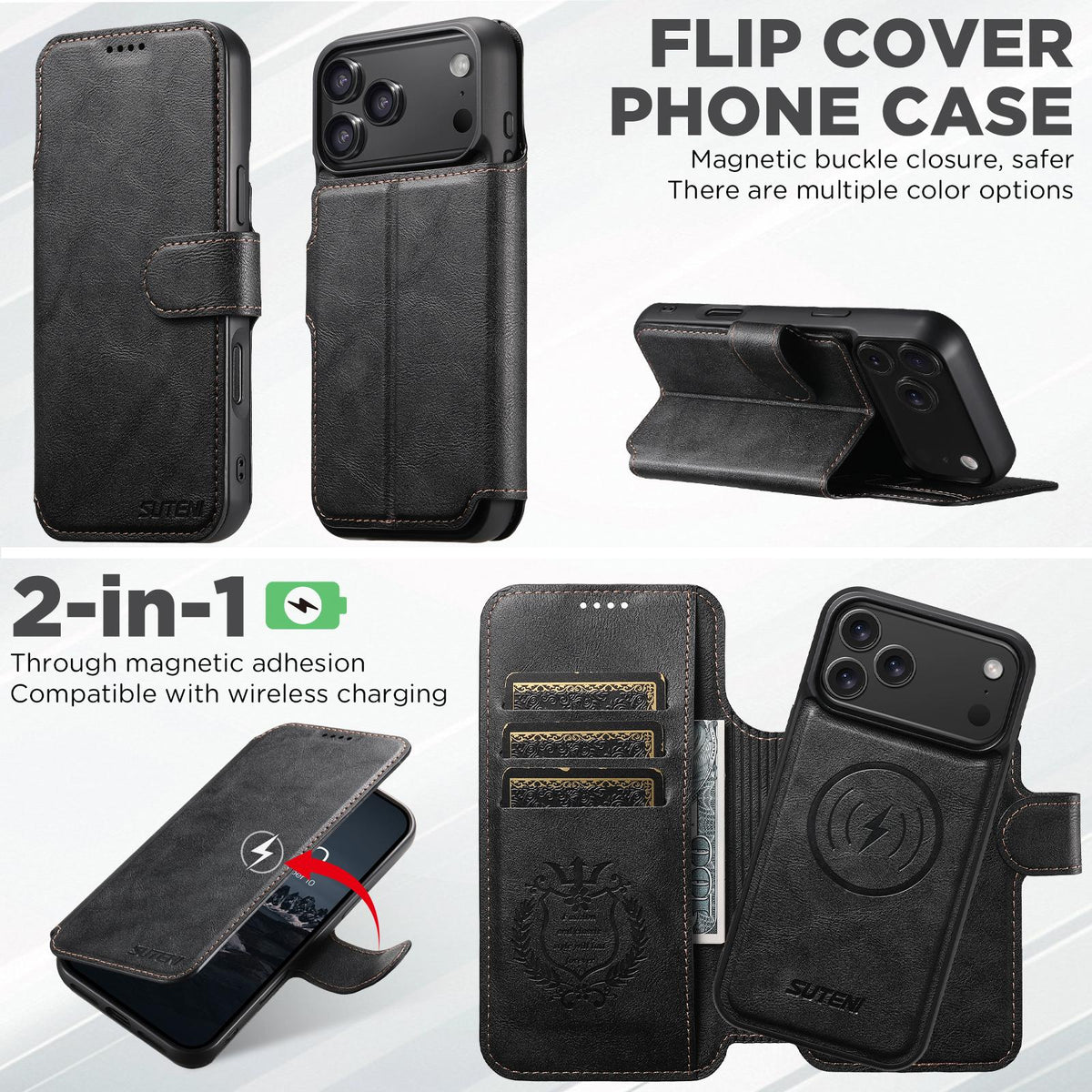 Compatible with iPhone 18 Pro Max Suteni Q05 2-in-1 Multi-function Detachable Wallet MagSafe Phone Case - Black