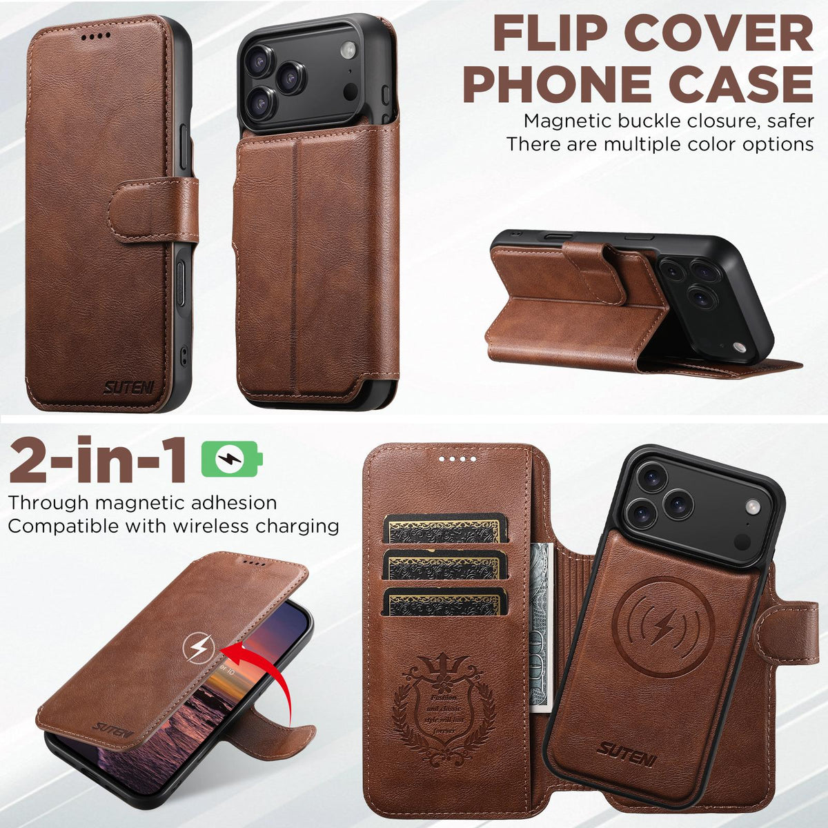 Compatible with iPhone 18 Pro Max Suteni Q05 2-in-1 Multi-function Detachable Wallet MagSafe Phone Case - Brown