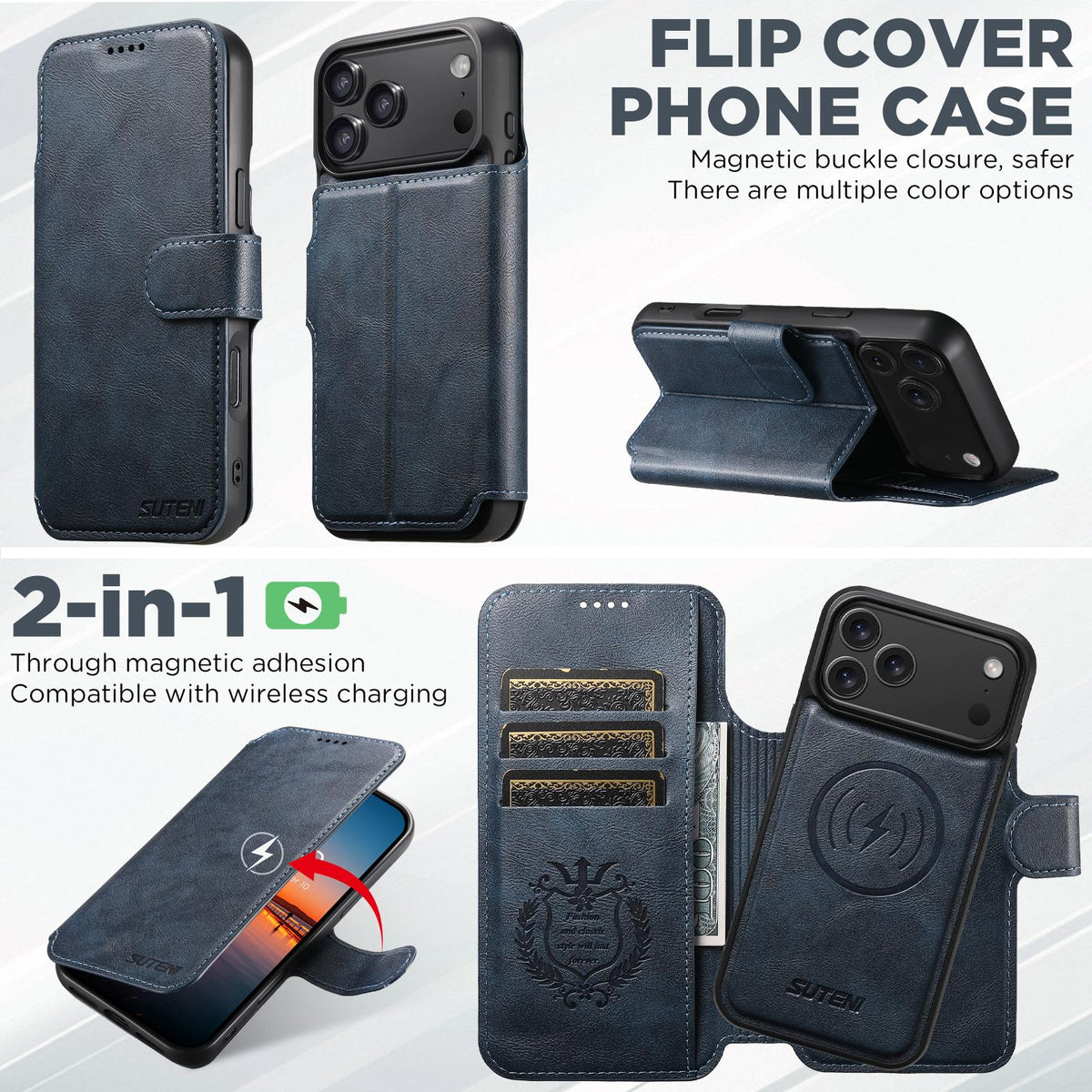 Compatible with iPhone 18 Pro Max Suteni Q05 2-in-1 Multi-function Detachable Wallet MagSafe Phone Case - Blue