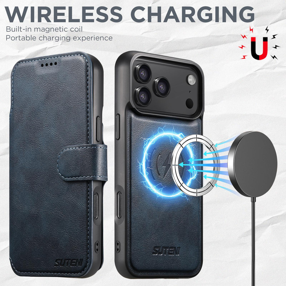 Compatible with iPhone 18 Pro Suteni Q05 2-in-1 Multi-function Detachable Wallet MagSafe Phone Case - Blue