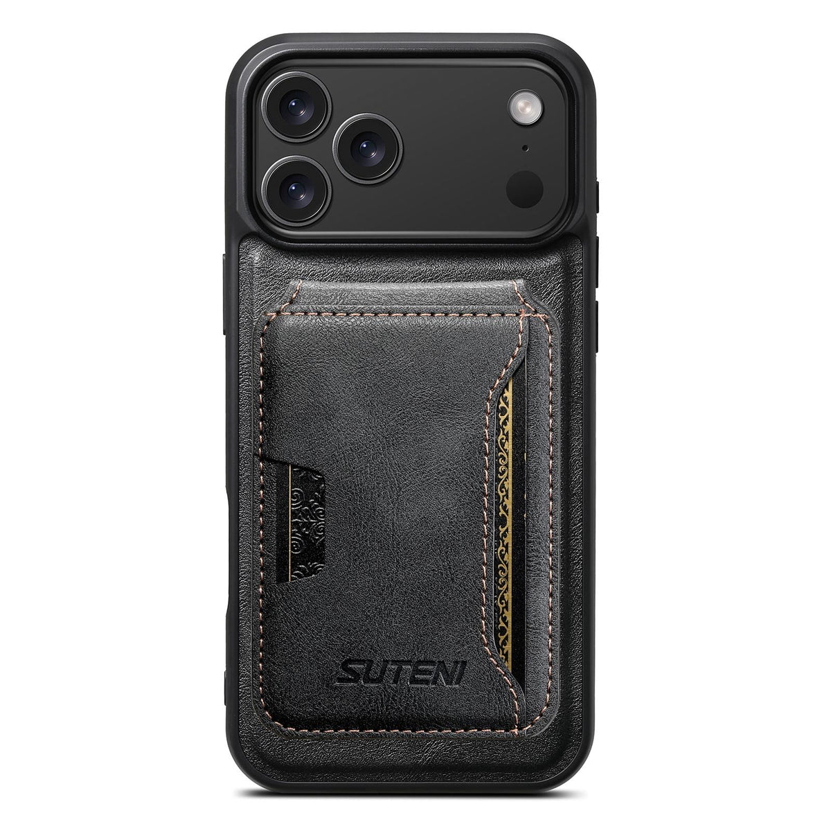 Compatible with iPhone 18 Pro Max Suteni M3 Card Bag MagSafe Cowhide Texture Leather Phone Case - Black
