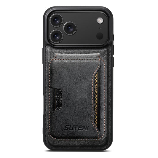 Compatible with iPhone 18 Pro Max Suteni M3 Card Bag MagSafe Cowhide Texture Leather Phone Case - Black