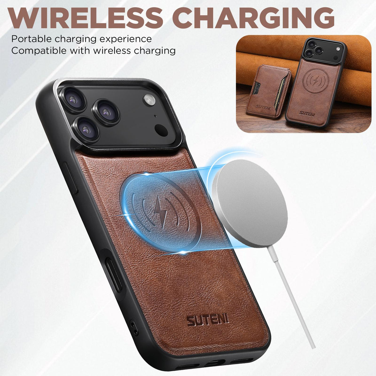 Compatible with iPhone 18 Pro Max Suteni M3 Card Bag MagSafe Cowhide Texture Leather Phone Case - Brown