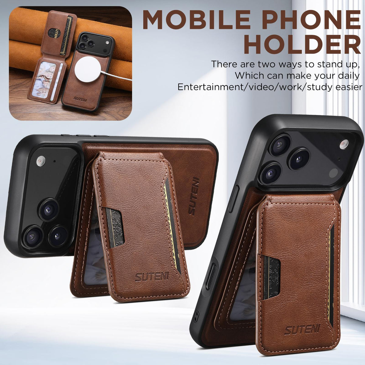 Compatible with iPhone 18 Pro Max Suteni M3 Card Bag MagSafe Cowhide Texture Leather Phone Case - Brown