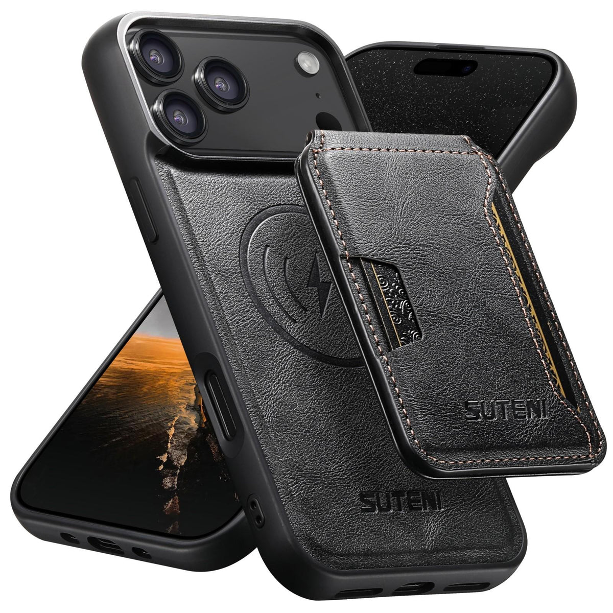 Compatible with iPhone 18 Pro Suteni M3 Card Bag MagSafe Cowhide Texture Leather Phone Case - Black