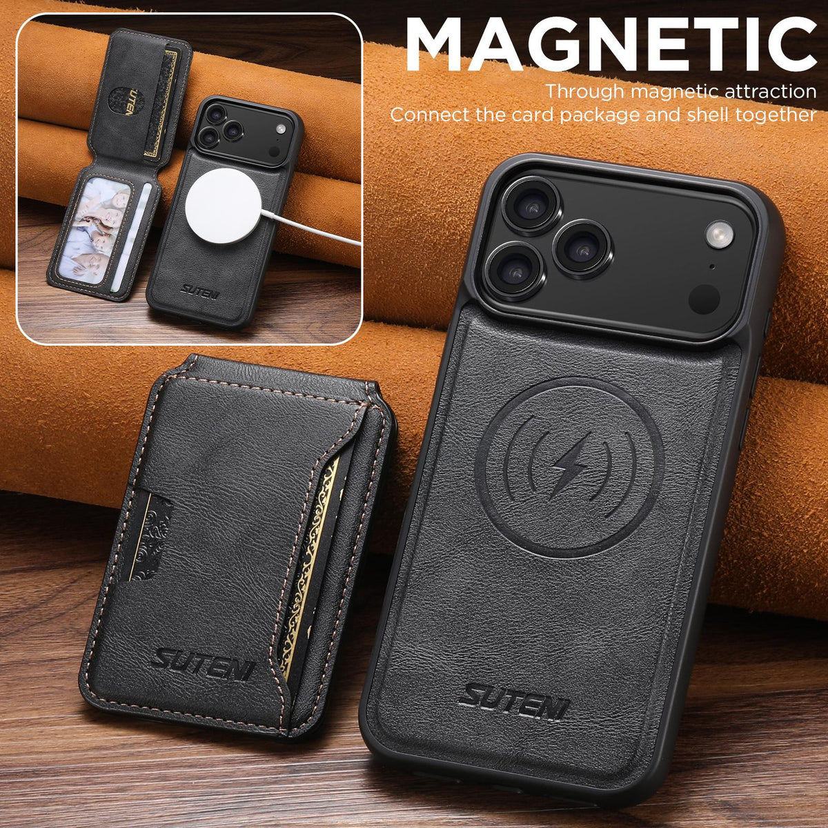 Compatible with iPhone 18 Pro Suteni M3 Card Bag MagSafe Cowhide Texture Leather Phone Case - Black