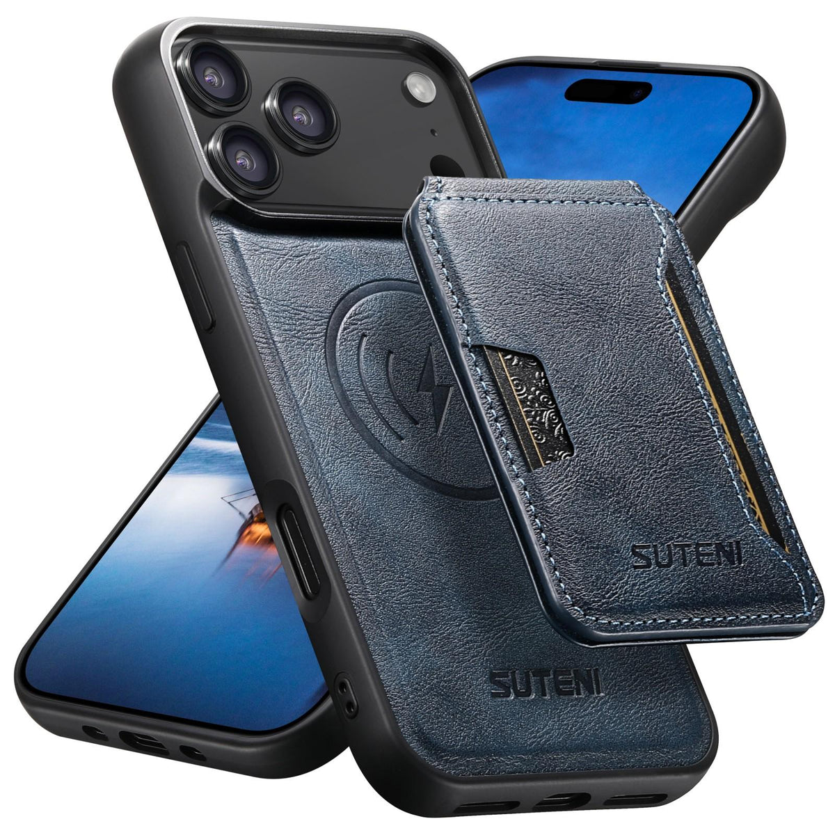 Compatible with iPhone 18 Pro Suteni M3 Card Bag MagSafe Cowhide Texture Leather Phone Case - Blue