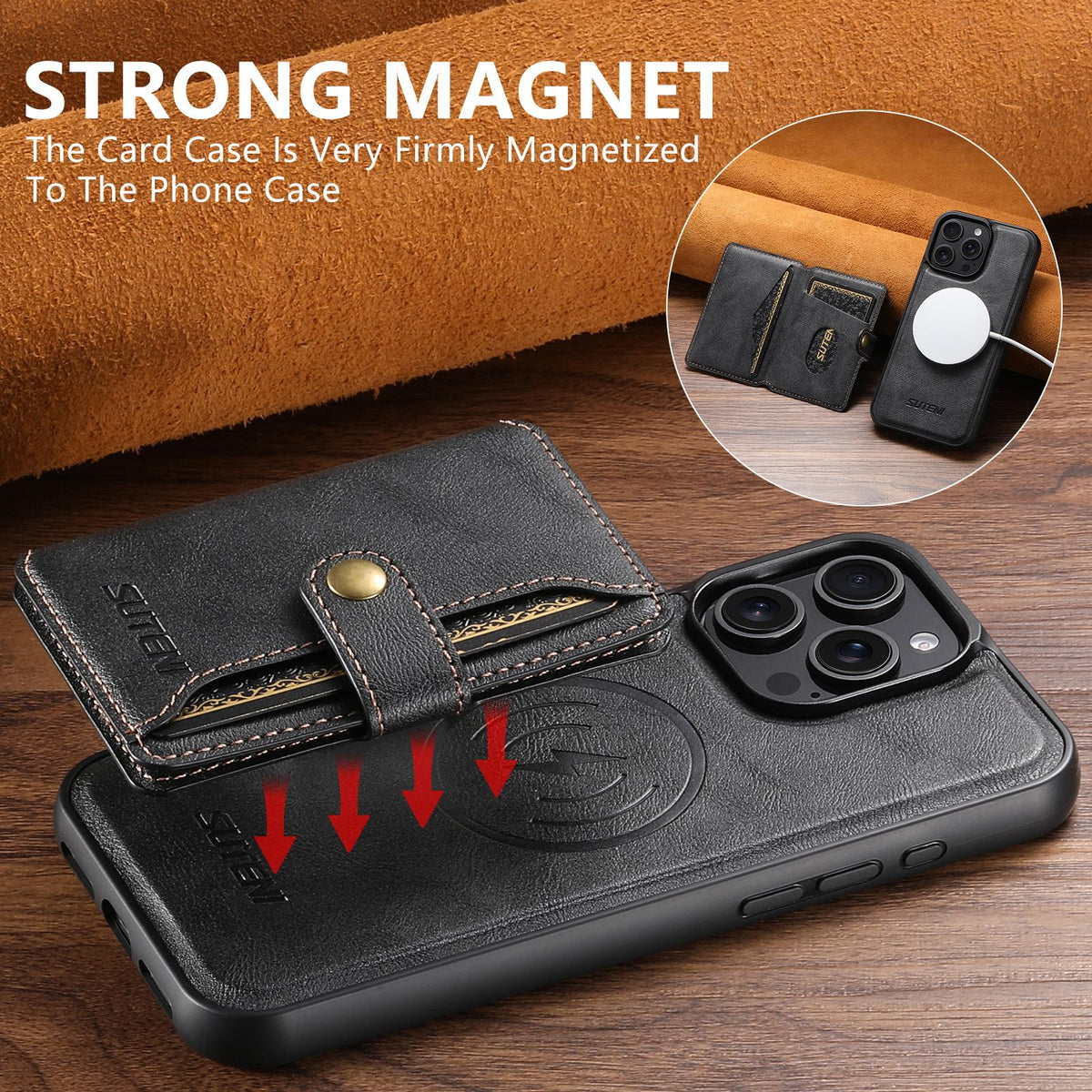 Compatible with iPhone 18 Pro Max Suteni M4 Magnetic Card Bag MagSafe Leather Phone Case - Black