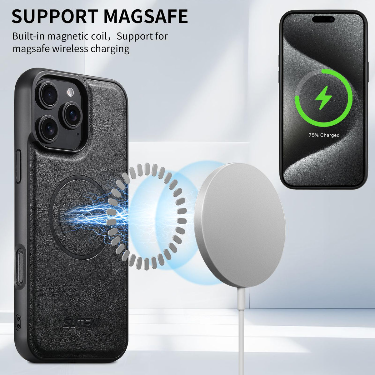 Compatible with iPhone 18 Pro Max Suteni M4 Magnetic Card Bag MagSafe Leather Phone Case - Black