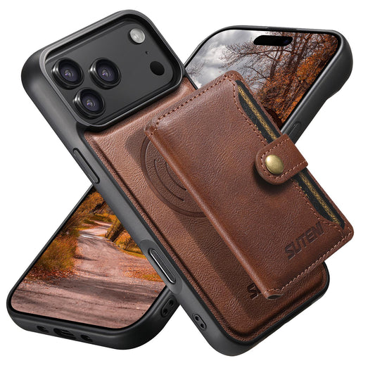 Compatible with iPhone 18 Pro Max Suteni M4 Magnetic Card Bag MagSafe Leather Phone Case - Brown