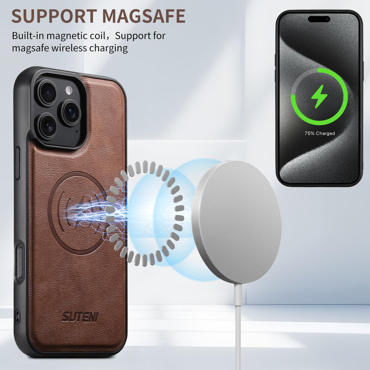 Compatible with iPhone 18 Pro Max Suteni M4 Magnetic Card Bag MagSafe Leather Phone Case - Brown