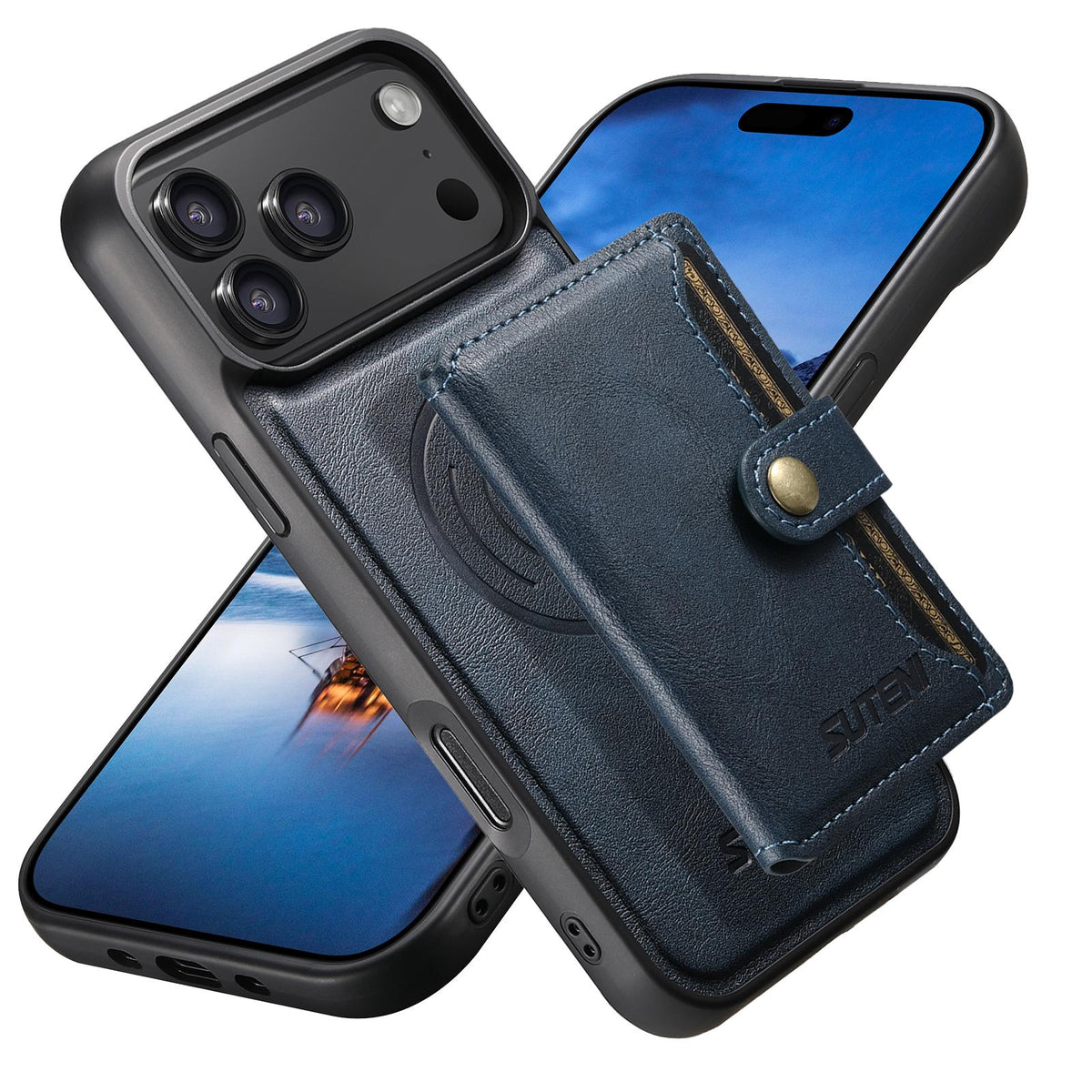 Compatible with iPhone 18 Pro Max Suteni M4 Magnetic Card Bag MagSafe Leather Phone Case - Blue