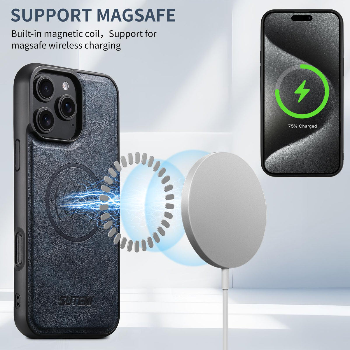 Compatible with iPhone 18 Pro Max Suteni M4 Magnetic Card Bag MagSafe Leather Phone Case - Blue