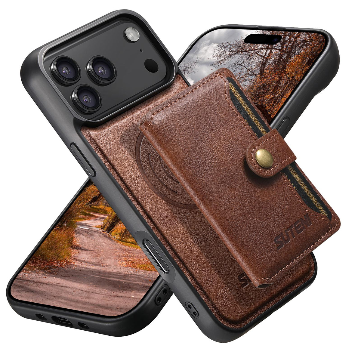 Compatible with iPhone 18 Pro Suteni M4 Magnetic Card Bag MagSafe Leather Phone Case - Brown