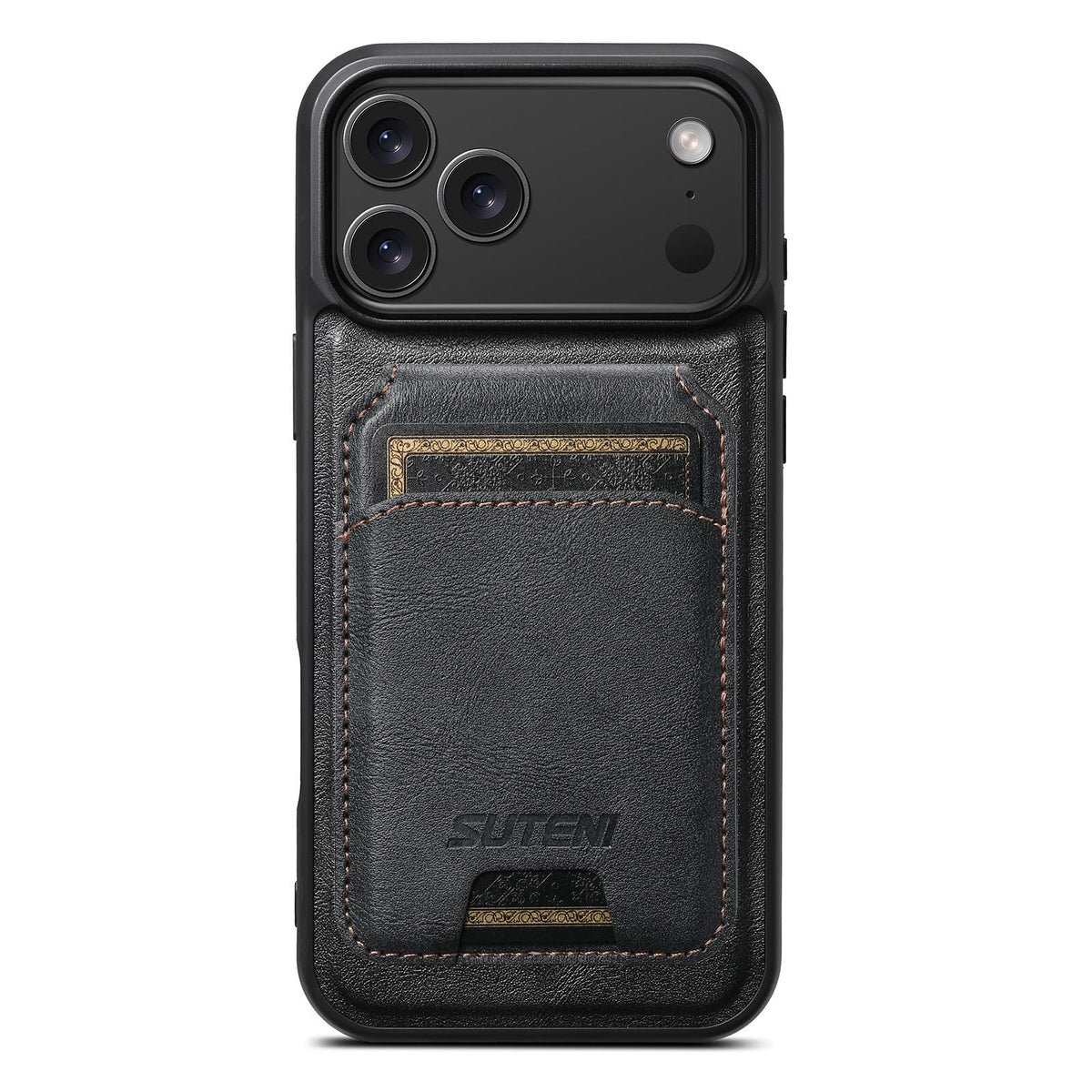 Compatible with iPhone 18 Pro Max Suteni M5 Magnetic Card Bag MagSafe Cowhide Texture Leather Phone Case - Black