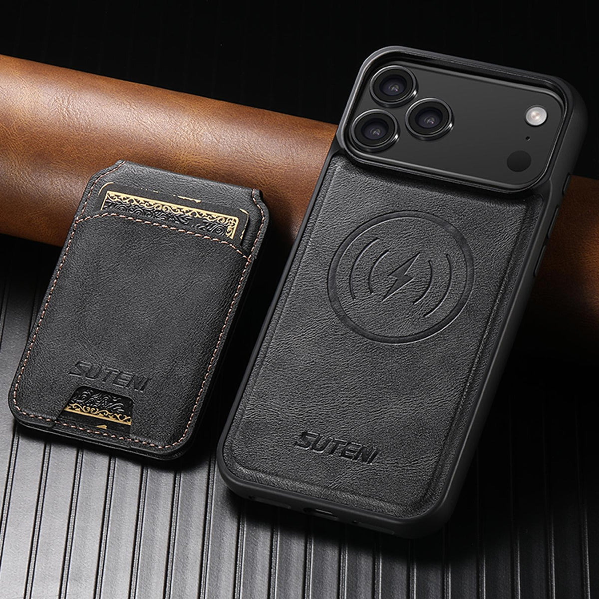 Compatible with iPhone 18 Pro Max Suteni M5 Magnetic Card Bag MagSafe Cowhide Texture Leather Phone Case - Black