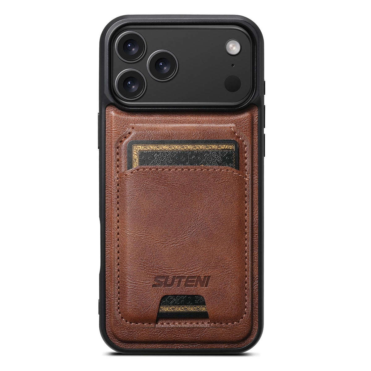 Compatible with iPhone 18 Pro Max Suteni M5 Magnetic Card Bag MagSafe Cowhide Texture Leather Phone Case - Brown
