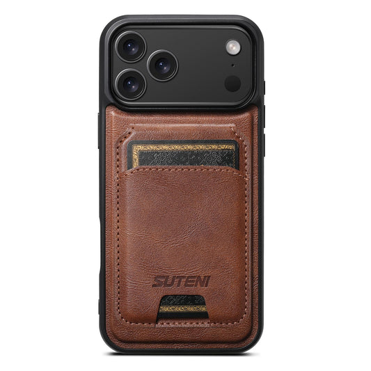 Compatible with iPhone 18 Pro Max Suteni M5 Magnetic Card Bag MagSafe Cowhide Texture Leather Phone Case - Brown