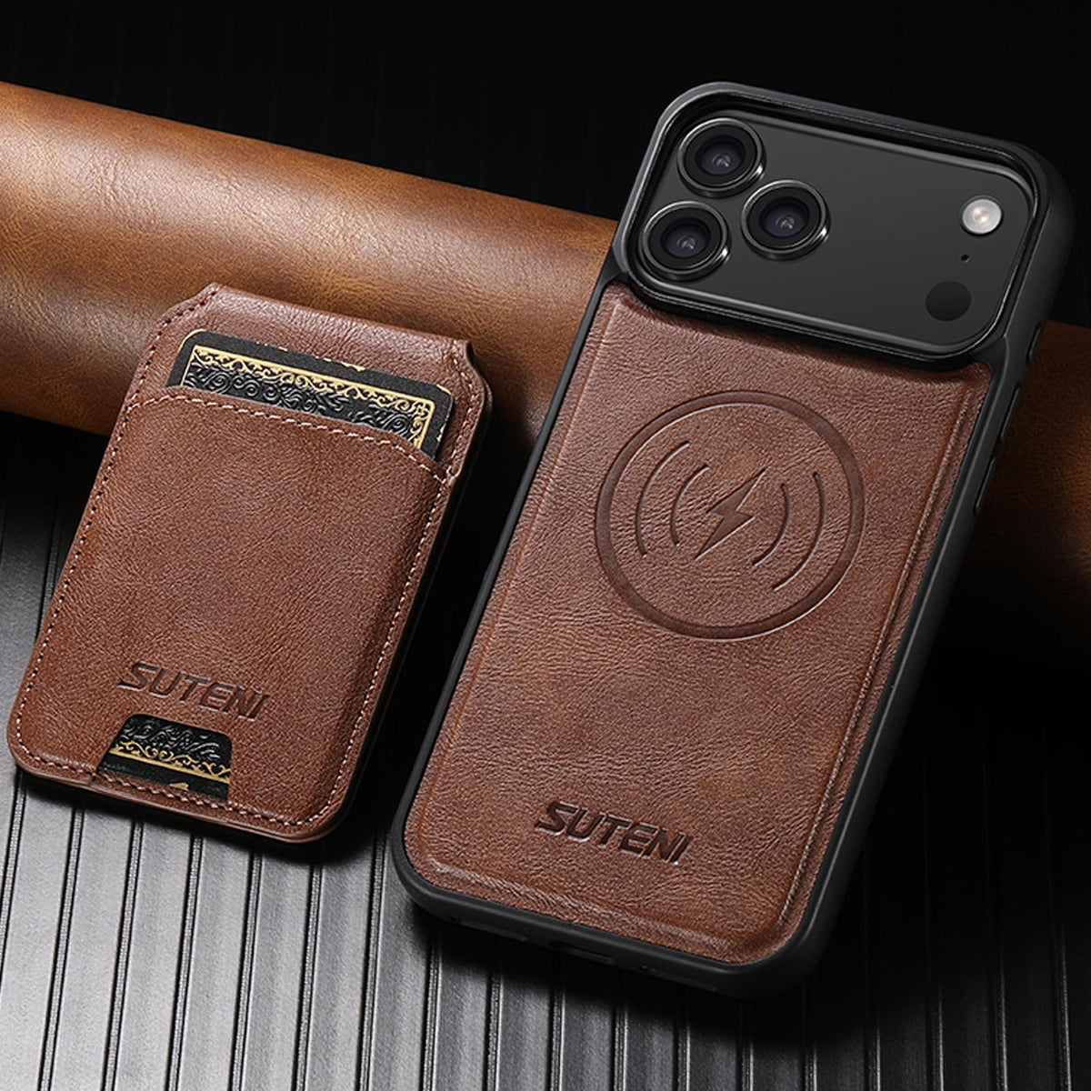 Compatible with iPhone 18 Pro Max Suteni M5 Magnetic Card Bag MagSafe Cowhide Texture Leather Phone Case - Brown