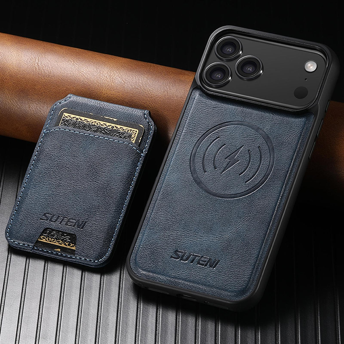 Compatible with iPhone 18 Pro Max Suteni M5 Magnetic Card Bag MagSafe Cowhide Texture Leather Phone Case - Blue