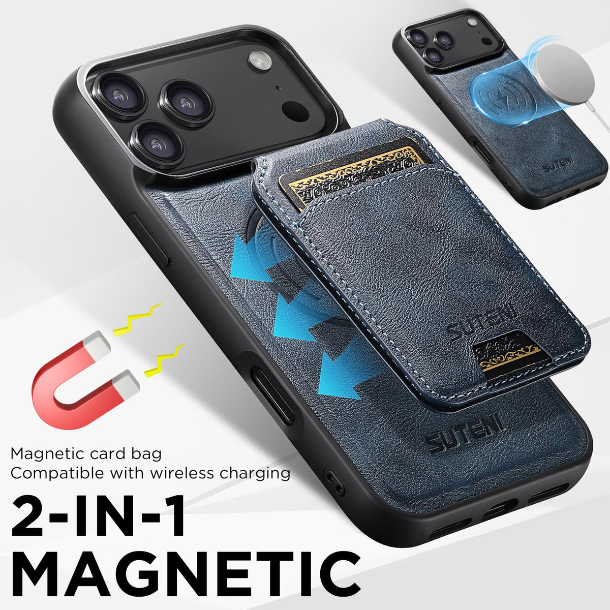 Compatible with iPhone 18 Pro Max Suteni M5 Magnetic Card Bag MagSafe Cowhide Texture Leather Phone Case - Blue