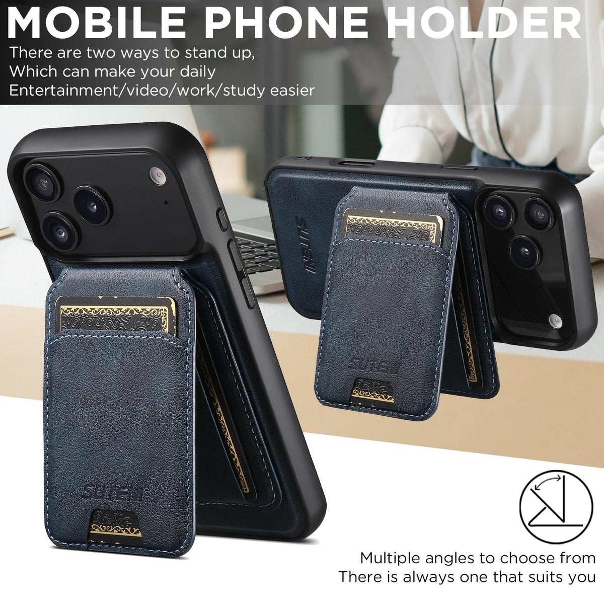 Compatible with iPhone 18 Pro Suteni M5 Magnetic Card Bag MagSafe Cowhide Texture Leather Phone Case - Blue