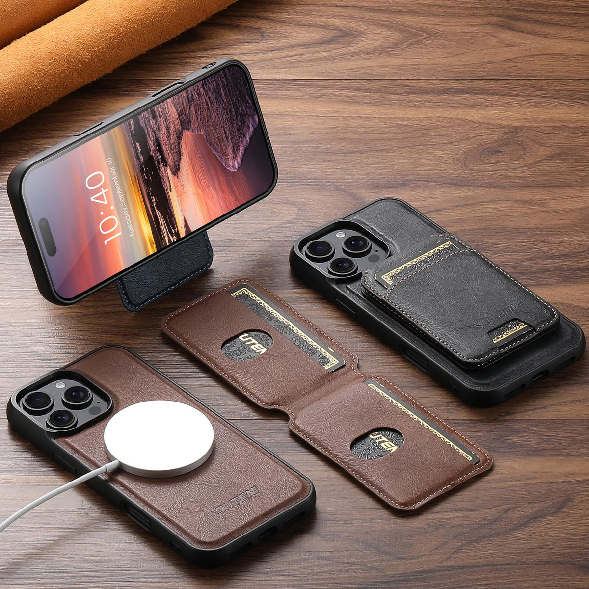 Compatible with iPhone 18 Pro Max Suteni M5 Magnetic Card Bag MagSafe Cowhide Texture Leather Phone Case - Black