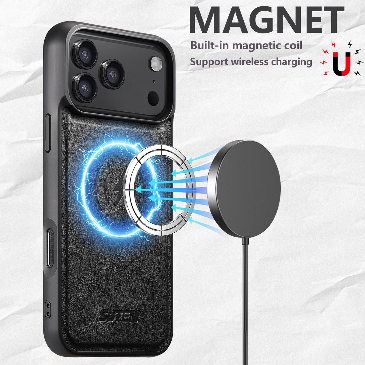 Compatible with iPhone 18 Pro Max Suteni G5 Cowhide Leather MagSafe Magnetic Phone Case - Black