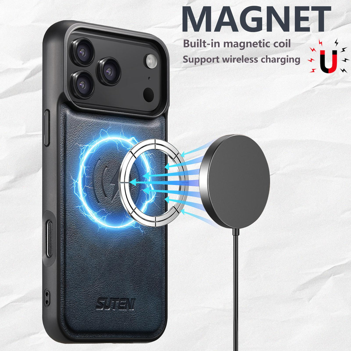 Compatible with iPhone 18 Pro Max Suteni G5 Cowhide Leather MagSafe Magnetic Phone Case - Blue