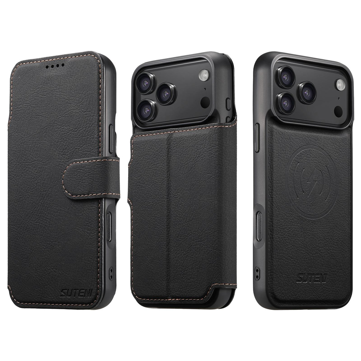 Compatible with iPhone 18 Pro Max Suteni Q05 2-in-1 Multi-function MagSafe Wallet Litchi Leather Phone Case - Black