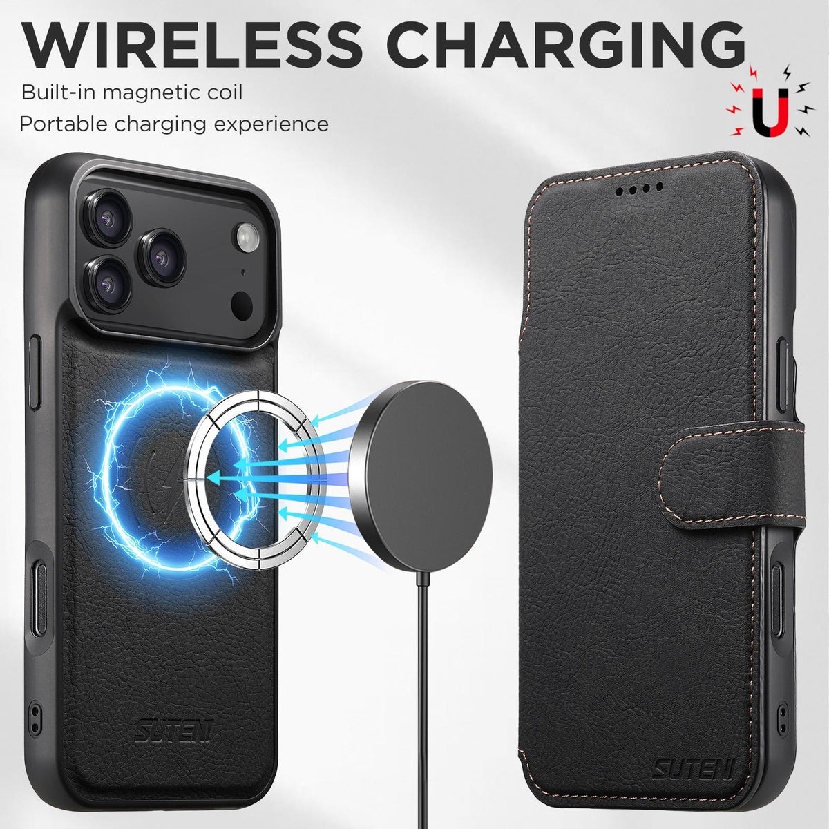 Compatible with iPhone 18 Pro Max Suteni Q05 2-in-1 Multi-function MagSafe Wallet Litchi Leather Phone Case - Black