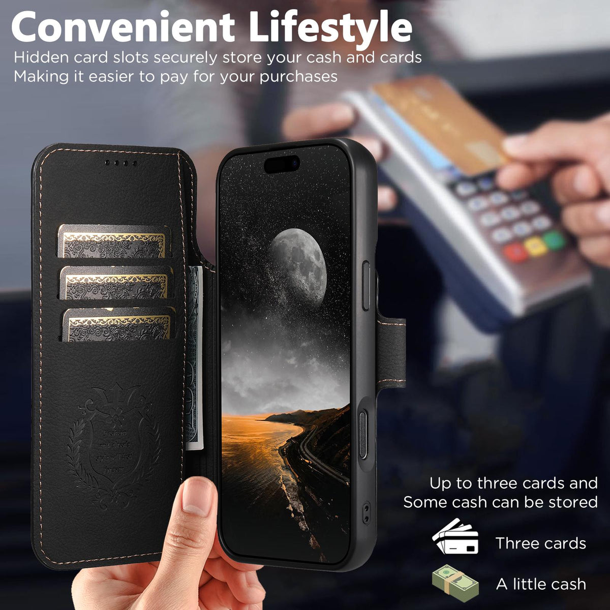 Compatible with iPhone 18 Pro Max Suteni Q05 2-in-1 Multi-function MagSafe Wallet Litchi Leather Phone Case - Black