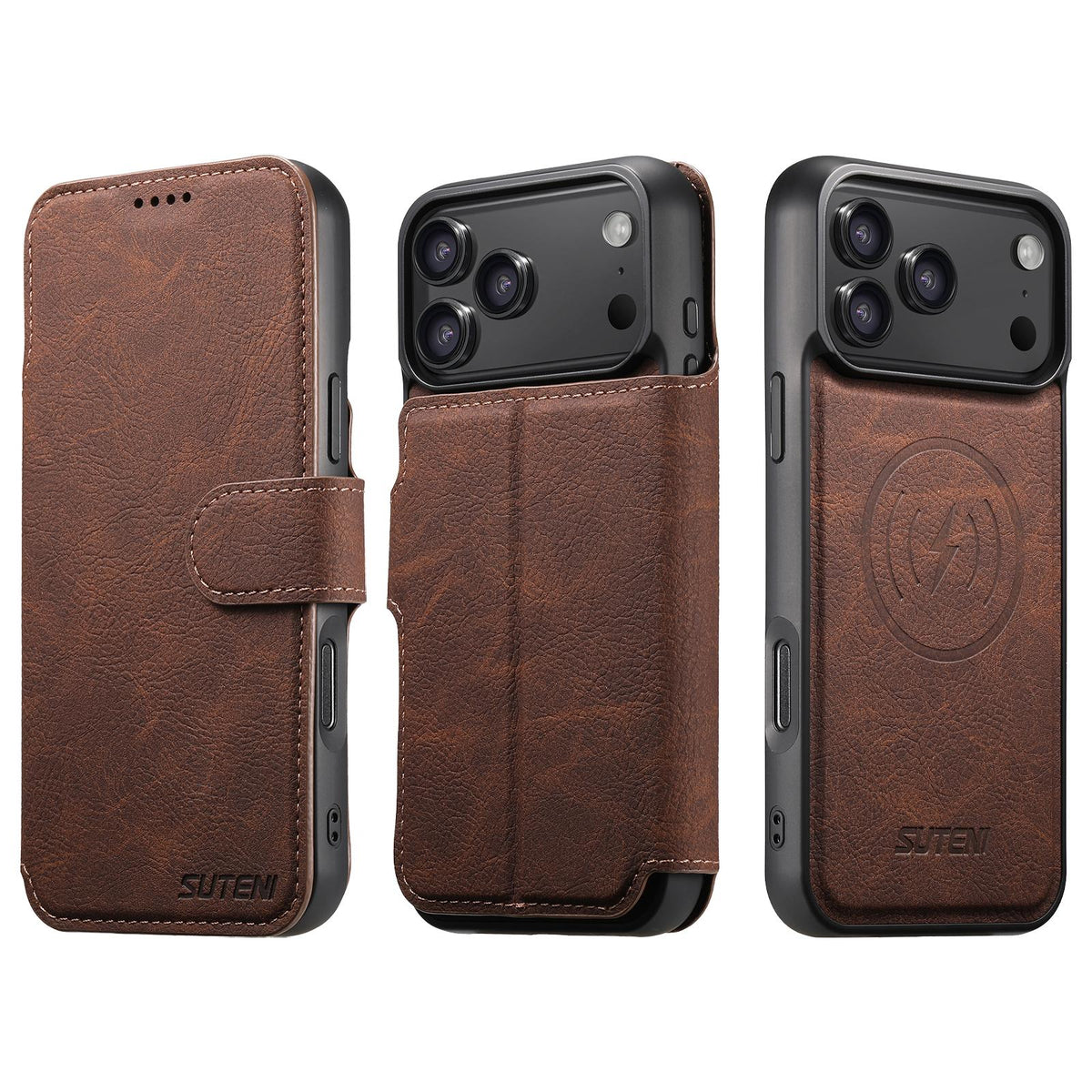 Compatible with iPhone 18 Pro Max Suteni Q05 2-in-1 Multi-function MagSafe Wallet Litchi Leather Phone Case - Brown