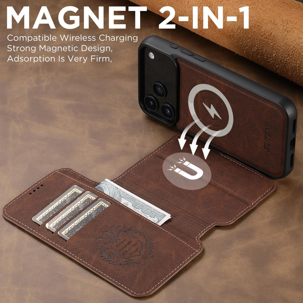 Compatible with iPhone 18 Pro Max Suteni Q05 2-in-1 Multi-function MagSafe Wallet Litchi Leather Phone Case - Brown